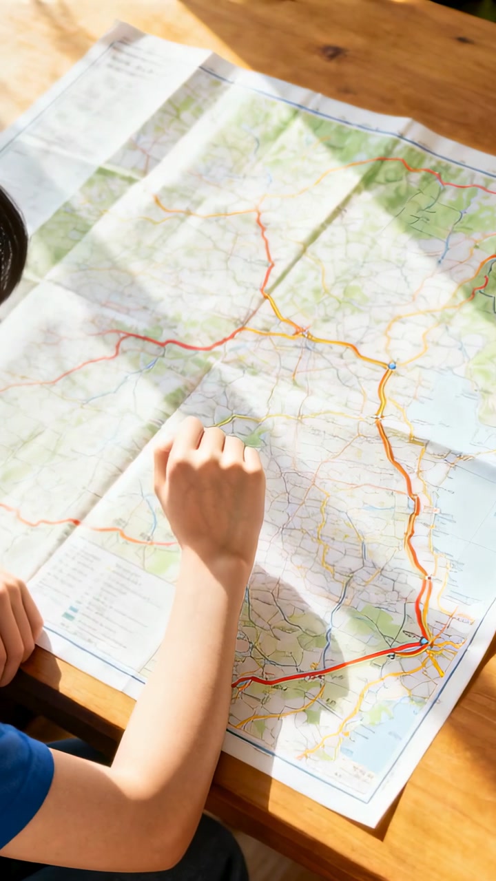 Vertical video: Touching coast, blue-shirt woman tracing route on map choosing red road