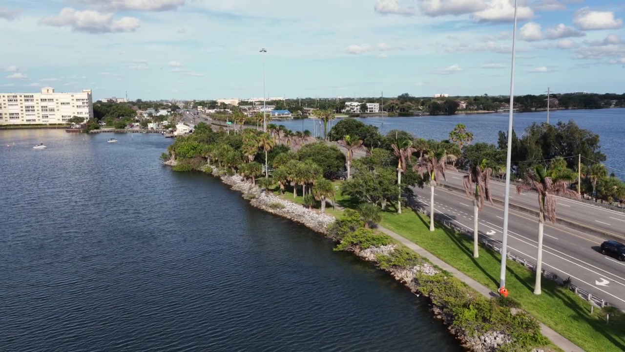 Strada fiancheggiata da palme curva lungo la riva rocciosa di un corso d'acqua vicino a Merritt Island, Florida; auto percorrono un'autostrada trafficata accanto ad acqua blu calma e lontani condomini. Ripresa aerea con drone all'indietro