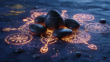 A Mystical Assembly of Smooth Stones Resting on an Enigmatic Glowing Symbolic Circle, Illuminated by Subtle Sparks Amidst a Dimly Lit Surface