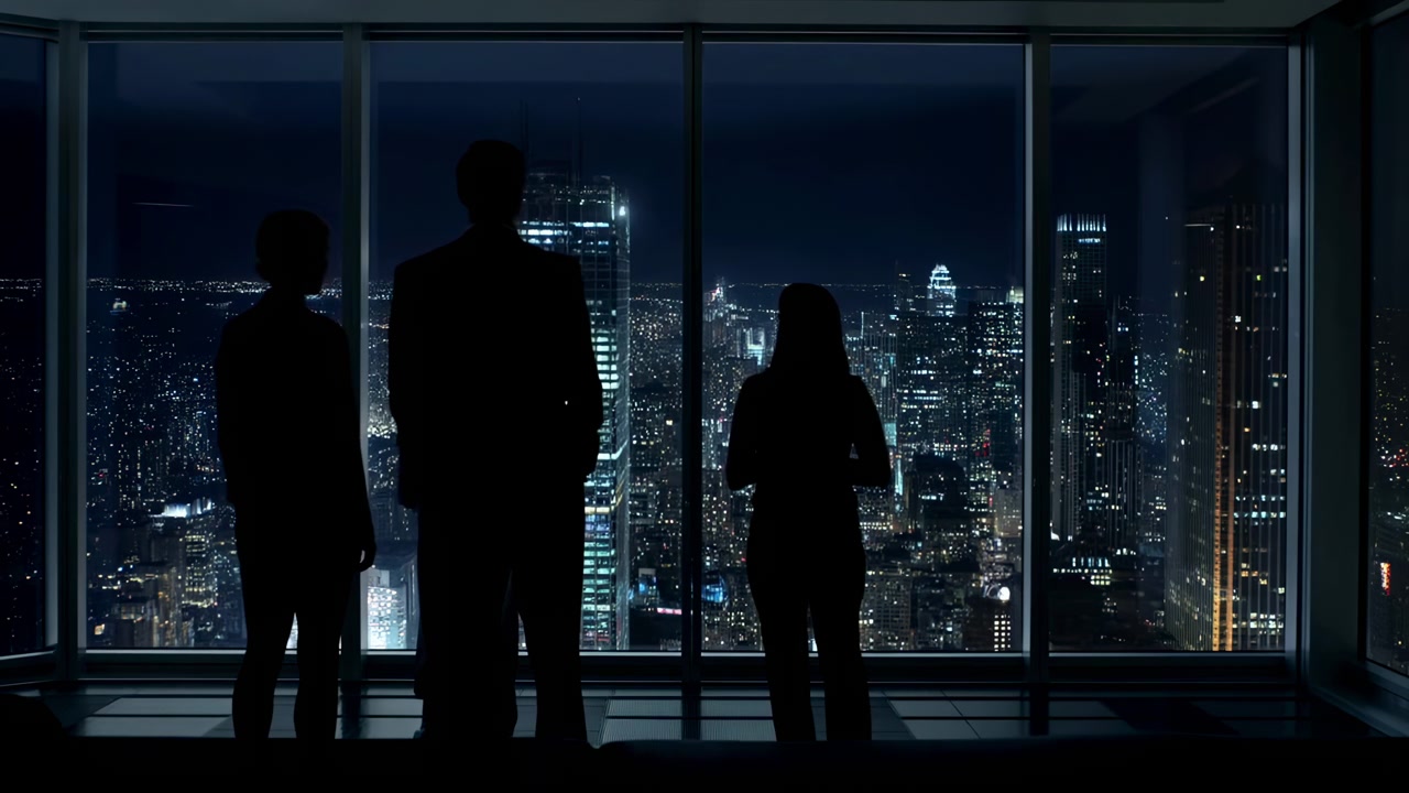 Three figures remain in shadow inside a dark high-rise interior, looking across dense towers and glowing windows while the wide glass wall frames the nighttime cityscape.