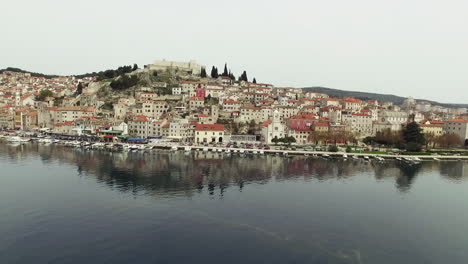 drone view, croatia, city of sibenik, panoramic view of the old town center and coast