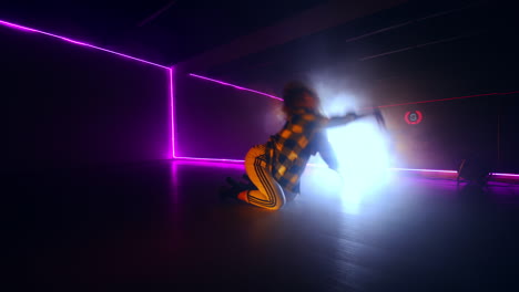 hip hop female dancer moving in the dark spacious room. energetic dance style.