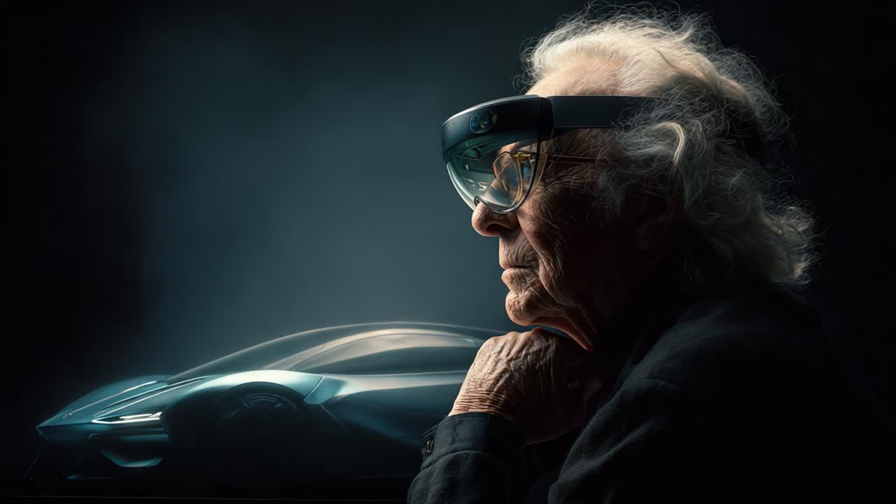 An Innovative Mind Gazes Ahead: A Visionary Designing the Future of Automotive Technology with Augmented Reality Glasses, Envisioning Futuristic Vehicles and Concepts in a Dark, Dramatic Atmosphere
