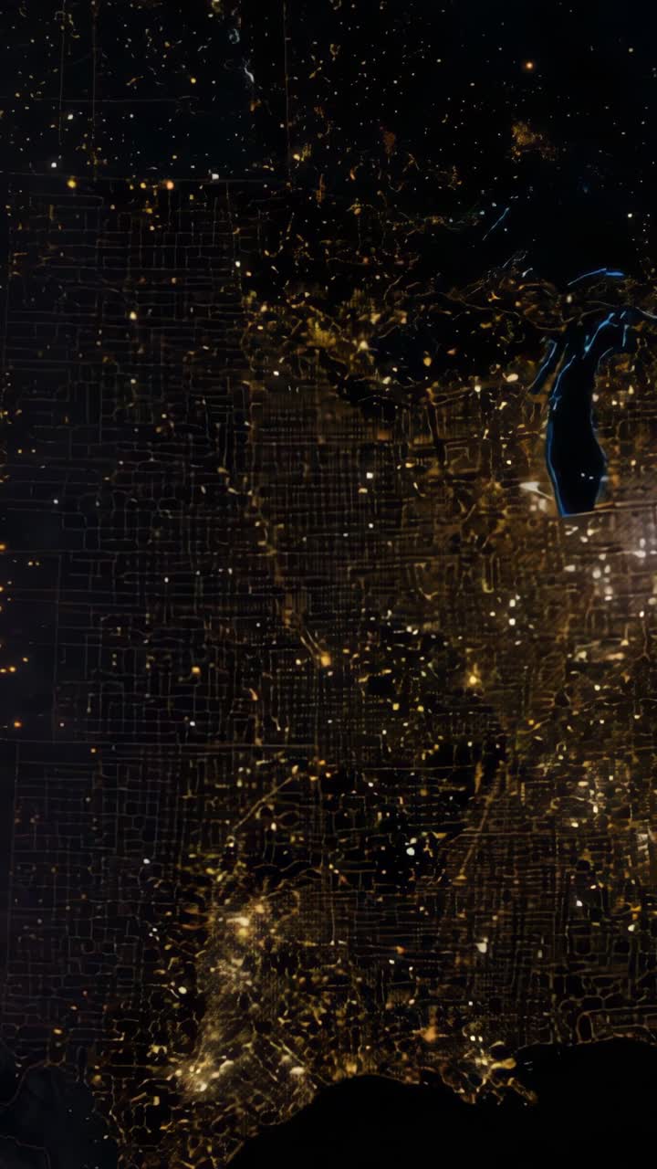 Vertical video: Panning and zooming night US map, showing city lights grid and Great Lakes outlines