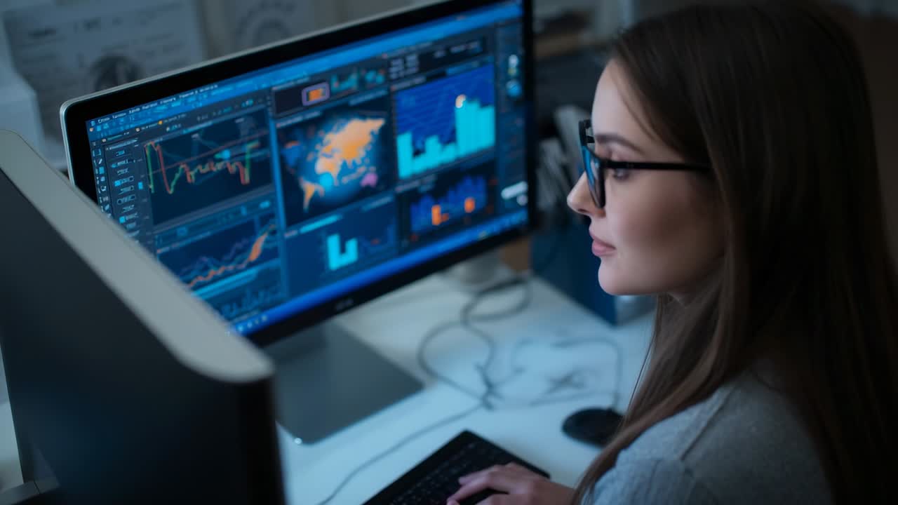 Analyzing data, analyst shifting gaze while typing keyboard at dual monitors in office, copy space