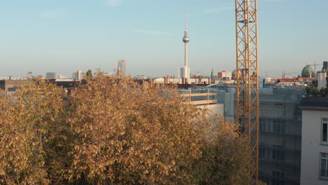 Levántate-Revela-Imágenes-Del-Paisaje-Urbano-Detrás-Del-árbol.-Techos-De-Barrio-Urbano-Y-Fernsehturm,-Torre-De-Vigilancia-De-Tv-Alta.-Berlín,-Alemania.
