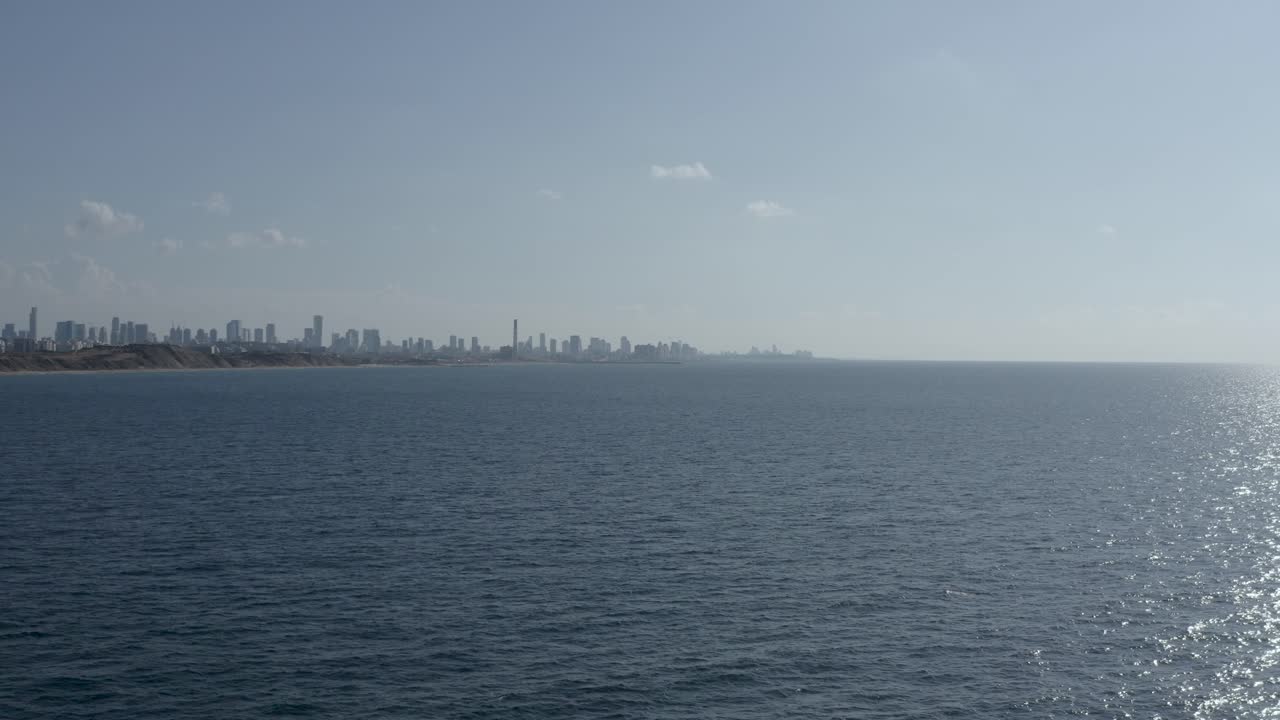 바다 쪽에서 텔아비브 도시 전망, 와이드 샷, 이스라엘