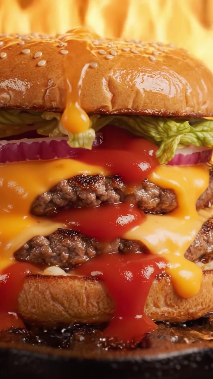 Squisito hamburger gourmet con succulenti medaglioni di manzo, formaggio fuso, verdure fresche e salse stuzzicanti, perfettamente grigliato per una perfezione da acquolina in bocca