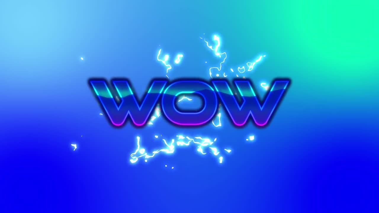 파란색 배경의 번개 위에 와우 텍스트의 애니메이션