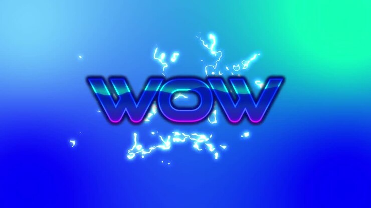 Animazione del testo 'wow' su sfondo blu con fulmini