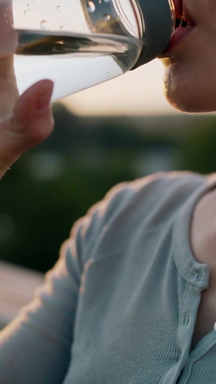 Vertical video: Drinking woman in ribbed top raising reusable bottle on deck to hydrate, copy space