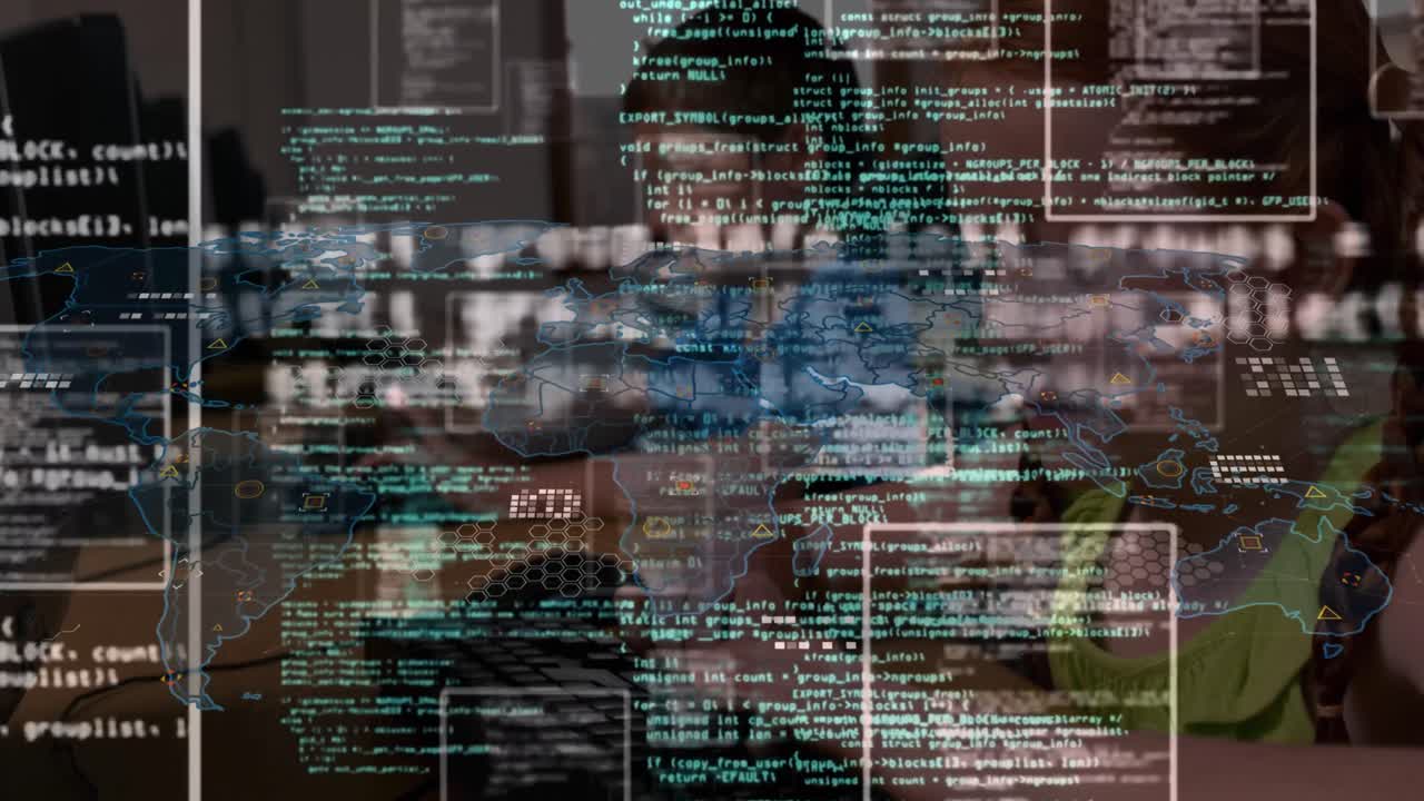 animación de procesamiento de datos sobre el mapa del mundo contra una niña caucásica que usa computadora en la escuela
