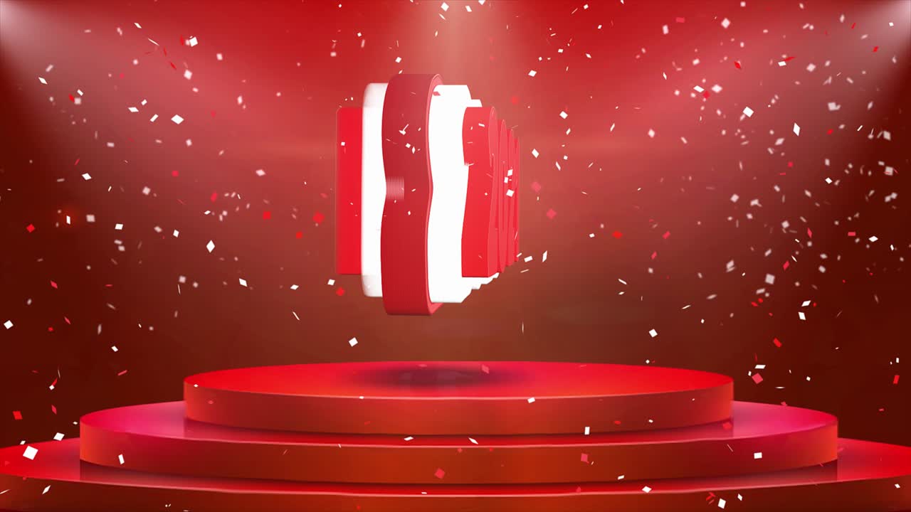 3d 무대 포디움 카에 2021 텍스트 애니메이션: 추상적인 포일 콘페티 폭발, 스포트라이트, 반이는 반임, 루프 4k 애니메이션.