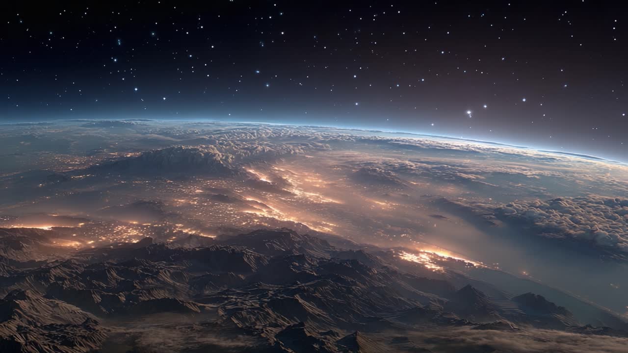Een verbluffend overzicht van de aarde vanuit de ruimte, dat de lichtgevende steden en natuurlijke schoonheid vastlegt in de atmosferische gloed tegen de kosmische achtergrond
