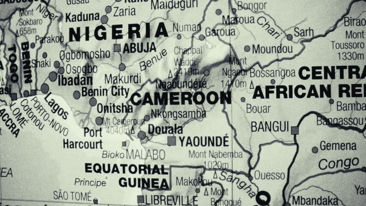 Close-up view of a map showing Cameroon and neighboring West and Central African countries