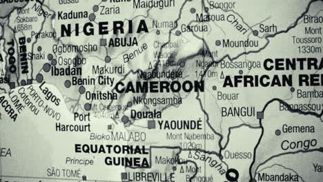 close-up view of a map showing cameroon and neighboring west and central african countries