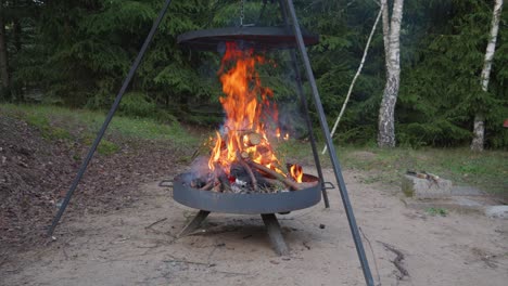 parrilla de fuego de campamento o parrilla de pozo de fuego con leña brillante ardiendo en la chimenea