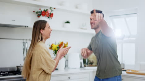 fun, kitchen and happy couple dance to music