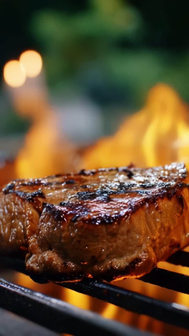 Sizzling Steak on a Grill Surrounded by Flames Capturing the Essence of Grilling Perfection with Juicy Meat and Aromatic Smoke Enhancing the Culinary Experience