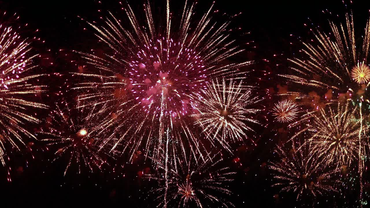 coloridos fuegos artificiales explotando en el cielo nocturno. celebraciones y eventos en colores brillantes.