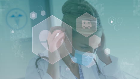 female doctor adjusting mask straps in clinical office, featuring floating hexagonal medical icons