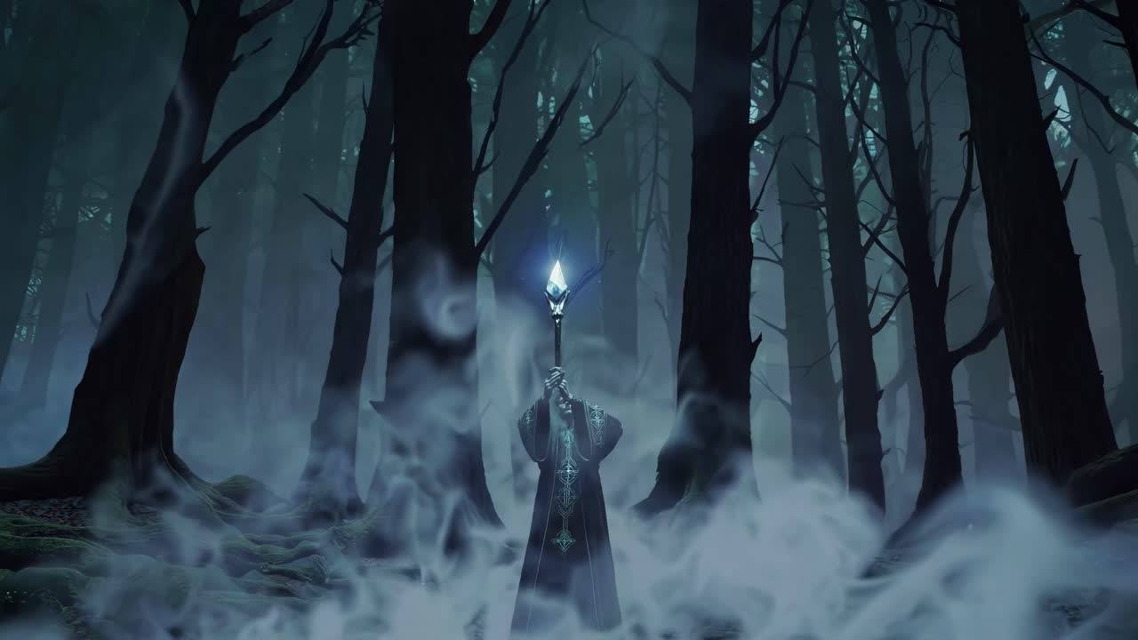 A mystical figure in a dark forest holds a glowing staff