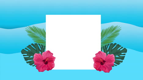 hello summer holiday poster with tropical flowers in square frame