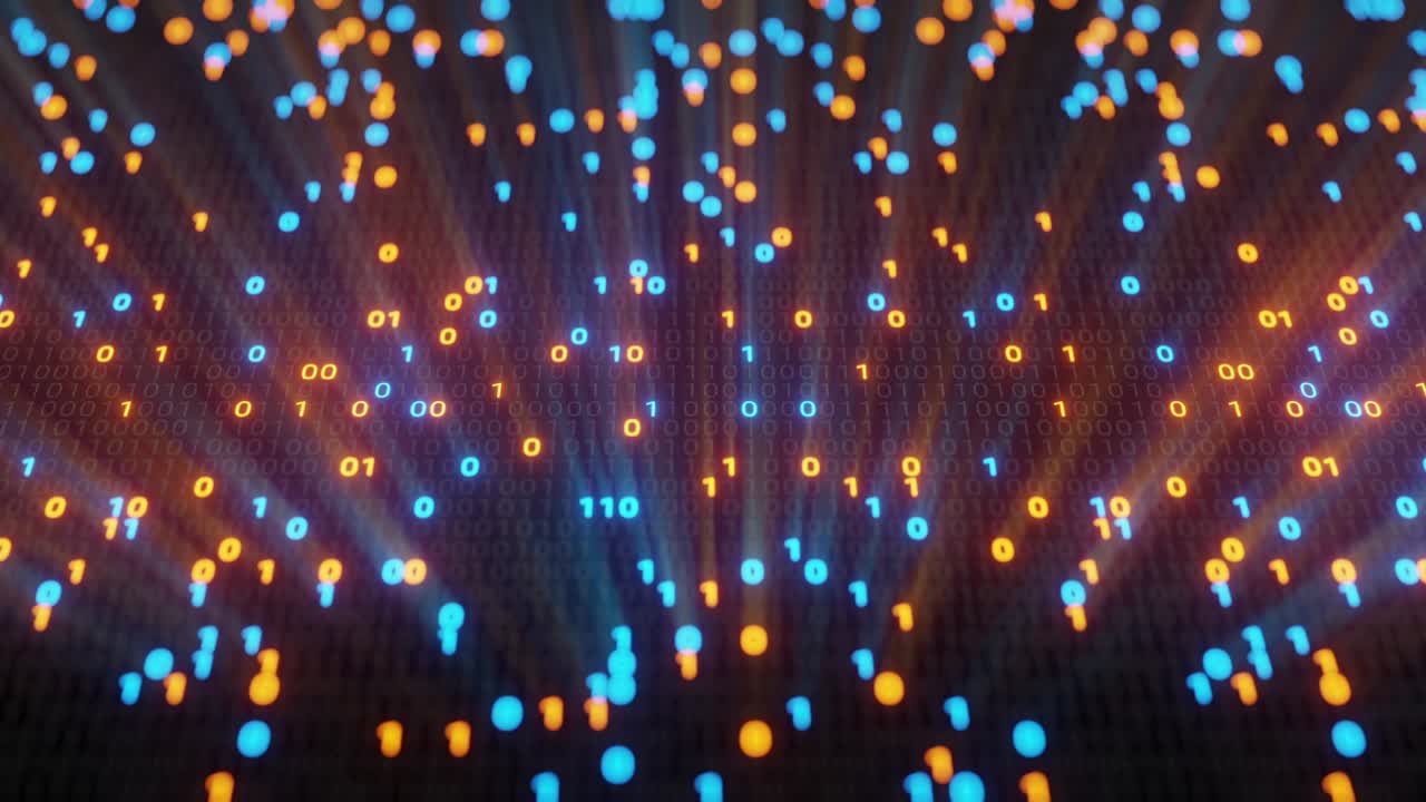 Abstract seamless blue and orange digital binary code matrix background VJ loop with flare.