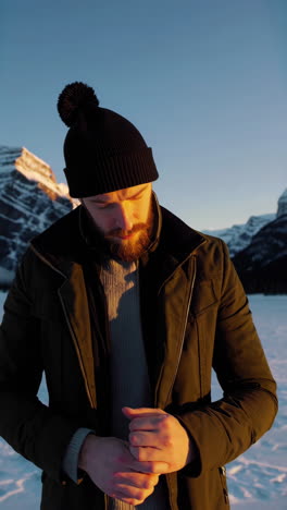 man enjoying a winter sunset by the frozen lake