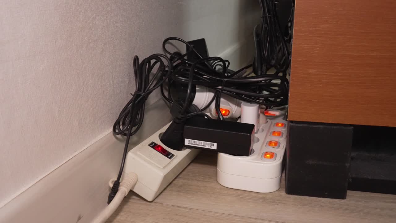 A realistic shot illustrating a common household fire hazard: the dangerous extension and 'daisy chaining' of multiple electrical power strips (multi-taps). The footage shows tangled cables connected