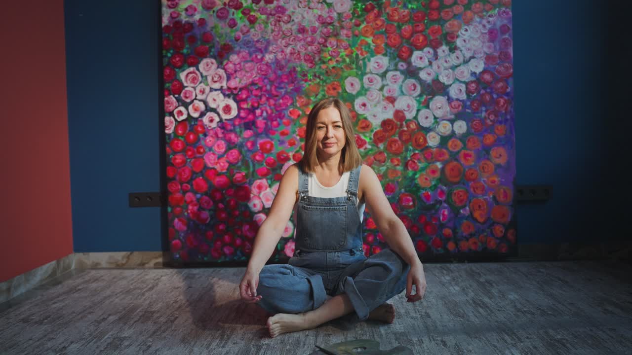 Donna che medita in uno studio d'arte con un dipinto floreale colorato