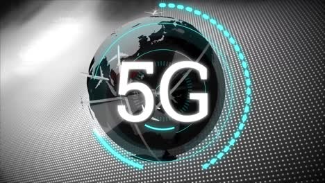 5g-Text-Und-Flugzeugsymbole-Fliegen-über-Den-Globus-Vor-Strukturiertem-Punktmuster-Auf-Grauem-Hintergrund