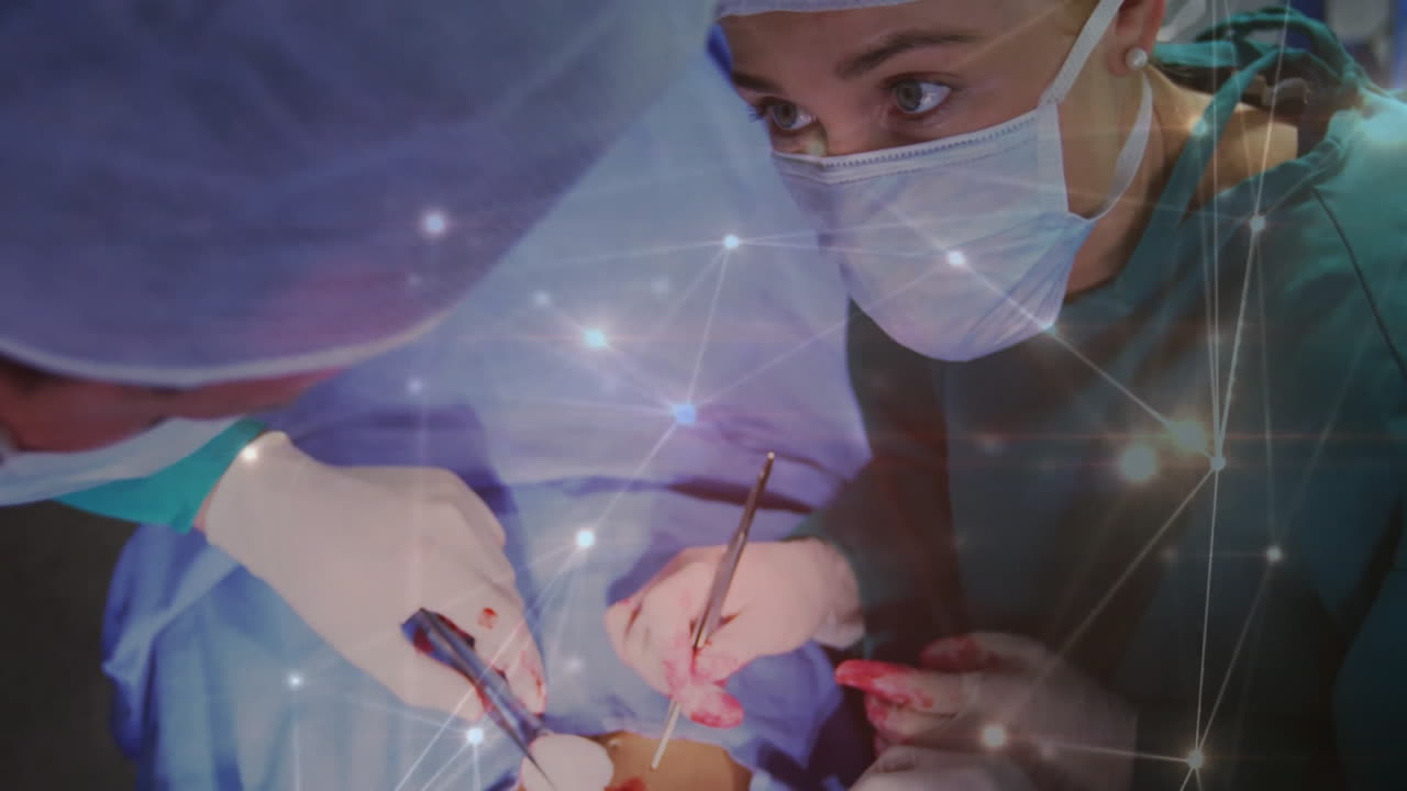 Surgeons performing operation with network connections animation over medical scene