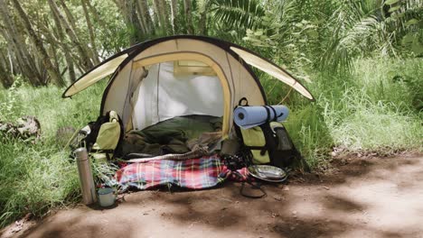 close up of a tent with camping equipment in forest, slow motion