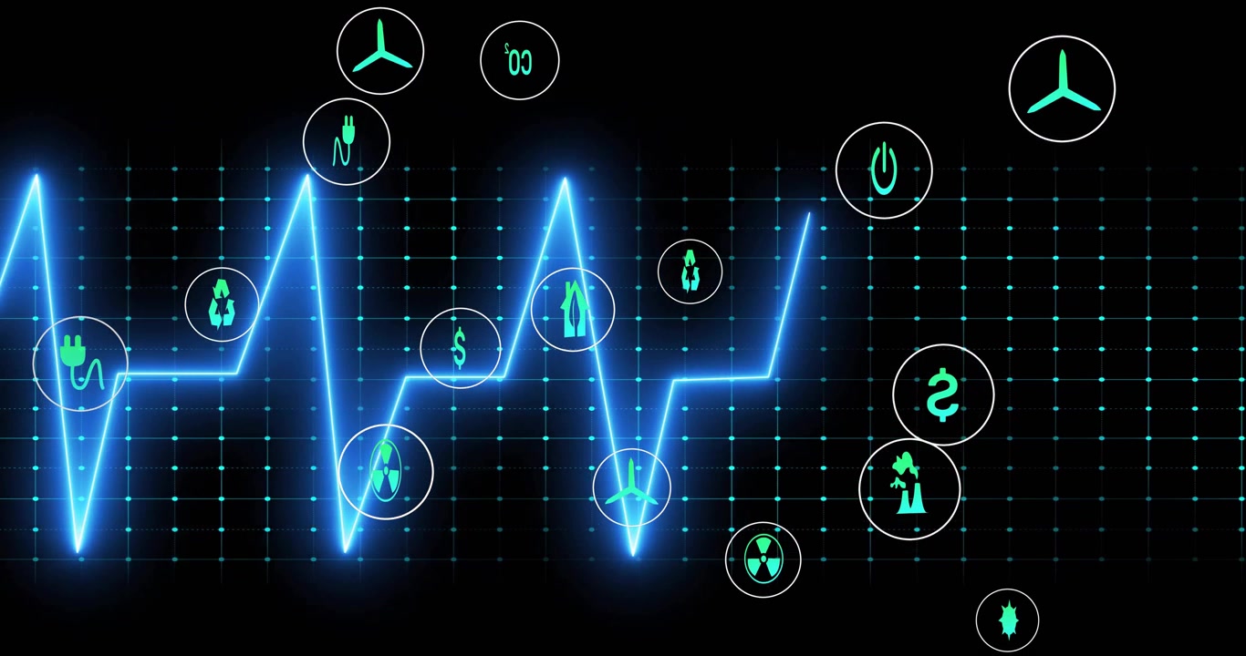 Grafico animato del battito cardiaco con icone ambientali ed energetiche