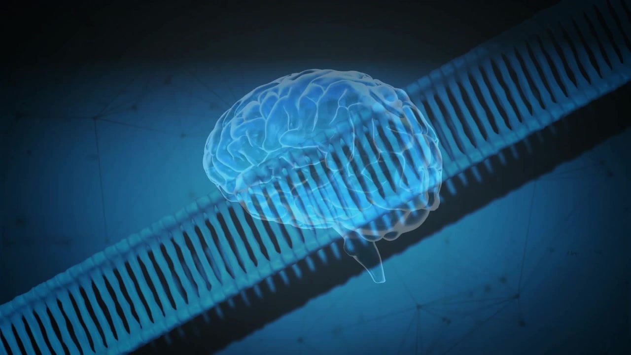 Luminescent helix entering left initiating brain rotating, revealing patterns in science display