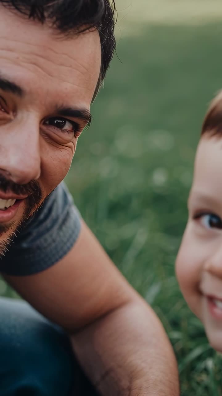 Video vertical: Padre inclinado sonriendo, niño pequeño acercándose después de sonreír sobre el césped, antebrazo visible.