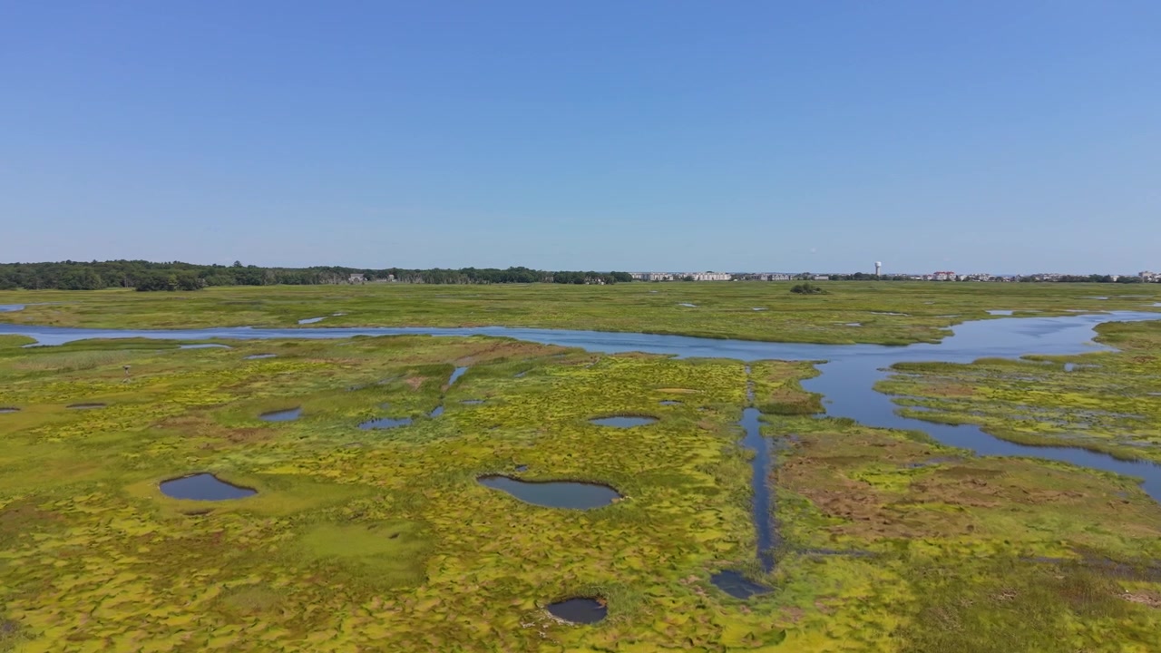 Low-altitude drone fly over wide salt marsh with winding tidal channels stretches toward the horizon under a clear blue sky at Salisbury Beach State Reservation, Massachusetts, United States