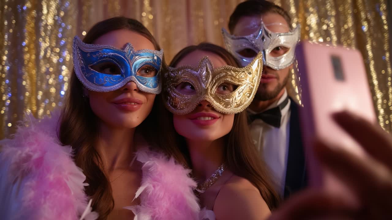 Capturing a Special Moment: Three Friends with Colorful Masks Pose for a Glamorous Selfie at a Festive Celebration, Surrounded by Sparkling Backdrops and Vibrant Outfits Full of Joy and Excitement