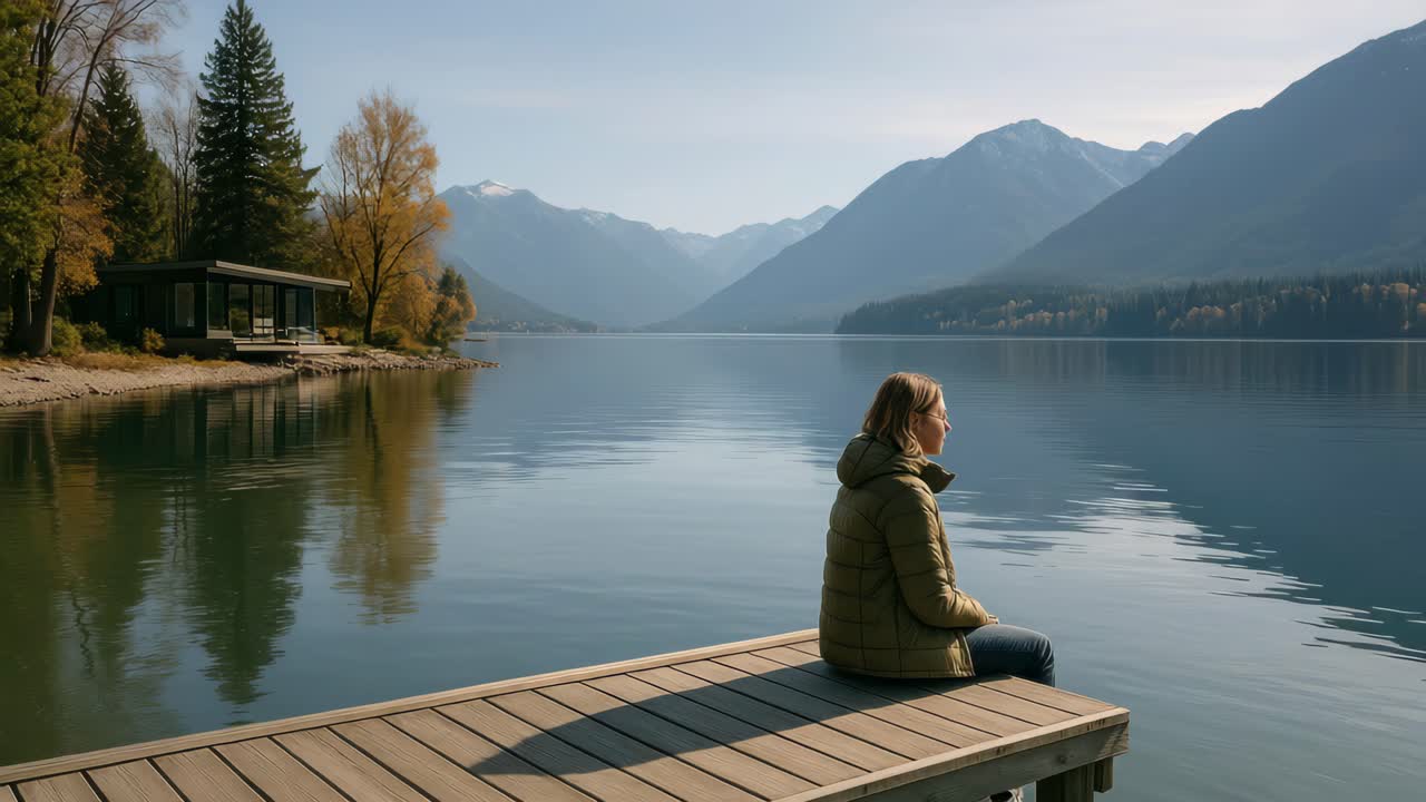 Serene lakeside scene with a person sitting on a dock, mountains in the background