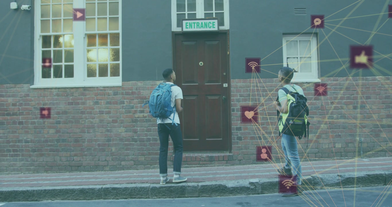 Two men walking to entrance lead man knocking to enter marketing icons overlaying companion