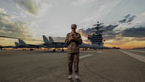full body of asian man soldier using smartphone while standing on aircraft carrier