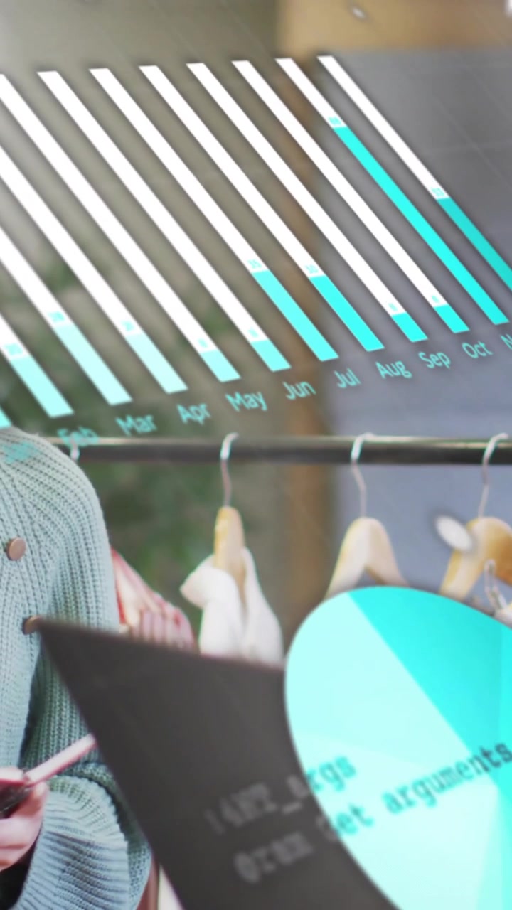 Animation of financial data processing over diverse business people in office