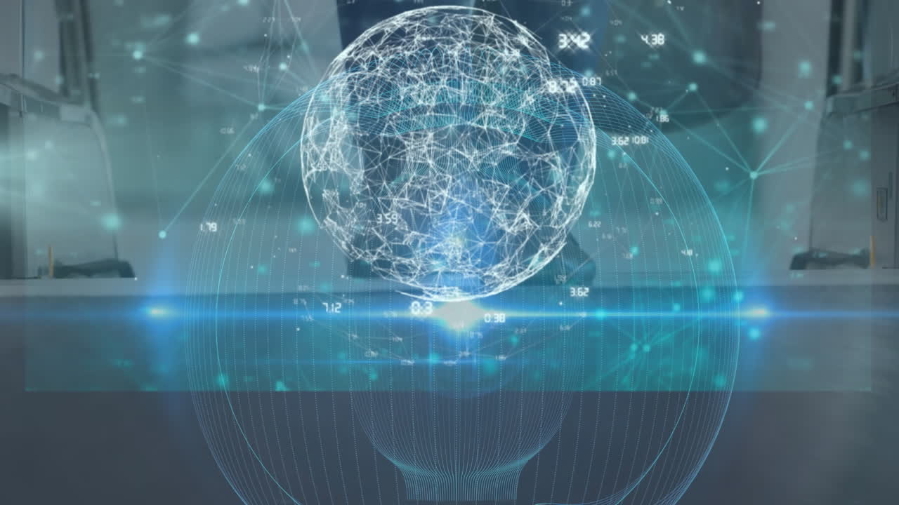 Multiple screens with data processing against businesspeople on escalator at office