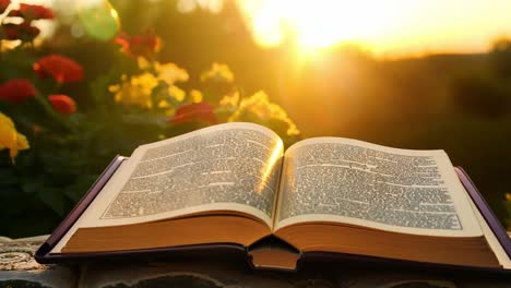 open book rests on a table, illuminated by sunset light, with flowers softly framing the serene outdoor scene