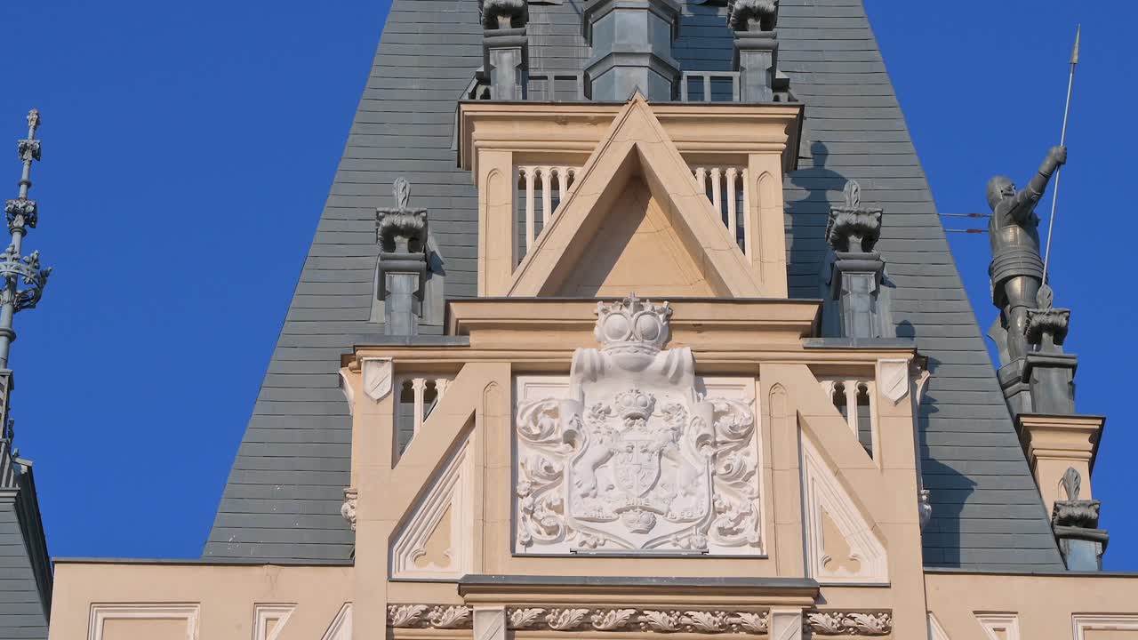 Iasi, Romania - April 25, 2021: Close up of pink magnolia trees in front of the Palace of Culture