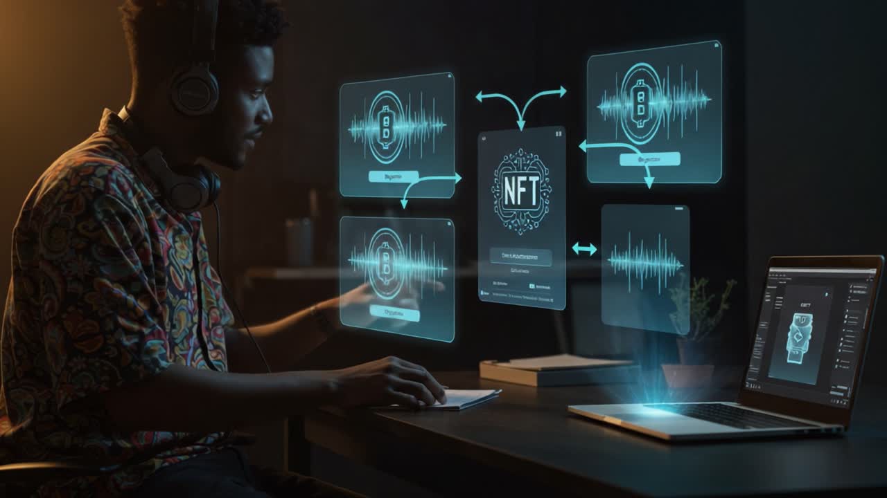 A digital artist creates and interacts with NFTs using innovative technology, showcasing sound wave visualizations and cryptocurrency elements in a modern workspace
