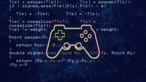 animation of gaming console, computer language and connected dots over black background