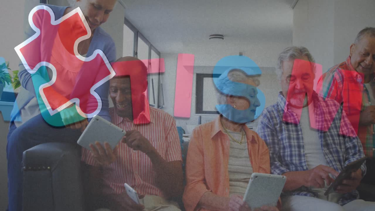 animación de piezas de rompecabezas coloridas y texto de autismo sobre amigos mayores que usan tabletas