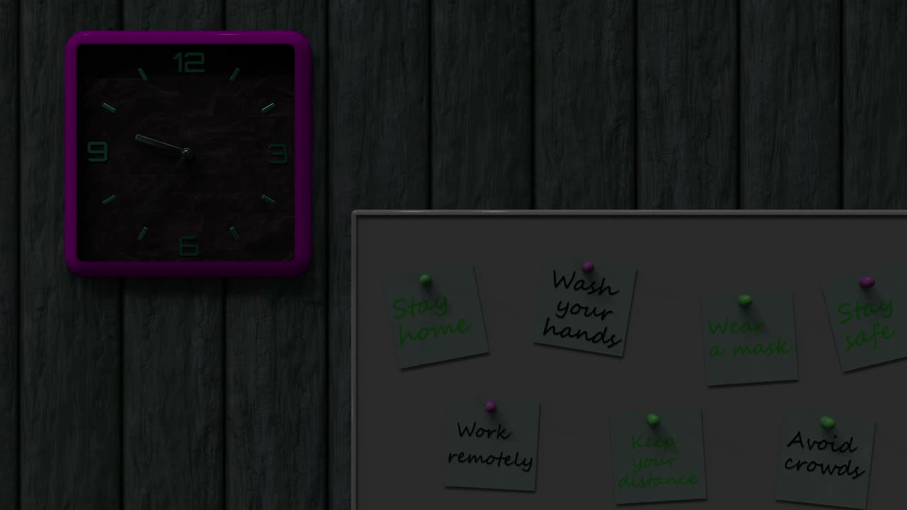 3d looped animation of day and night changes. A clock and an information board with notes on the wall. Time moving concept during quarantine. Important information about protection against coronavirus